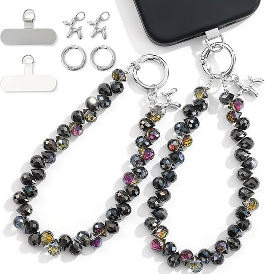 2pcs Crystal Phone Wrist Strap Phone Charm Chain Keychain Beaded Cellphone Lanyard with Tether Tab Hands-Free Wristlet Bracelet Wrist Grip Strap for Women, D-Black
