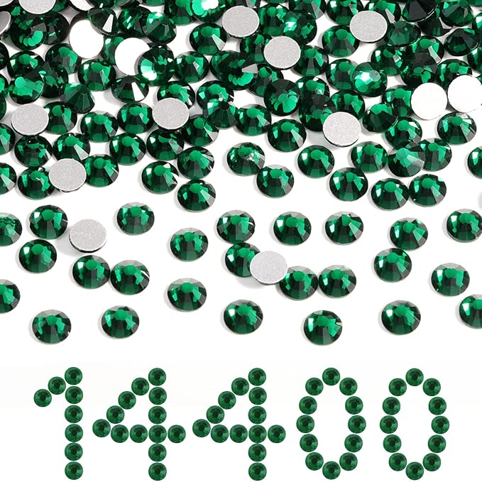 Beadsland Flatback Rhinestones Bulk,14400pcs Green Rhinestones for Nails Crafts Clothes DIY Decoration, Emerald, SS8,2.3-2.5mm