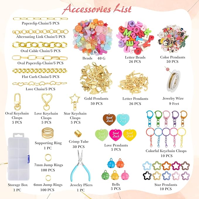 Ecoofor 451 Pcs Keychain Making Kit — Includes 25 Keychain Clips, 30 Extender Chains, 162 Charms, Beading Accessories, Jewelry Pliers — DIY Bag Charms & Jewelry Craft Kit Supplies