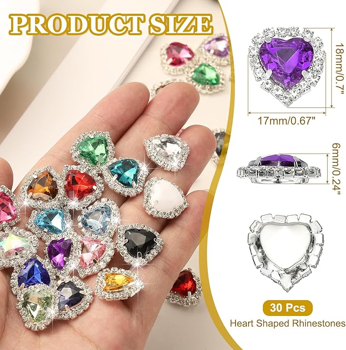 PATIKIL 30PCS Heart Rhinestones, Sew on Rhinestones Buttons Crystal Heart Nail Charm Embellishment Flatback Diamond for Sewing DIY Clothing Wedding, Dark Purple