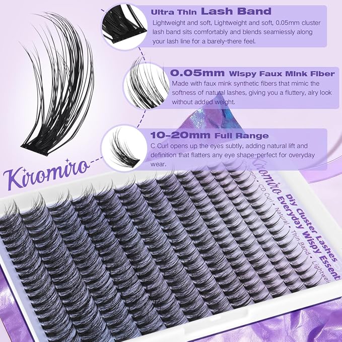 Kiromiro Wispy Lash Clusters Kit 10-20mm Cluster Eyelash Extensions DIY Lash Extension Kit 240pcs Natural Cluster Lashes Kit C Curl Cluster Eyelashes with Bond and Seal & Tweezers