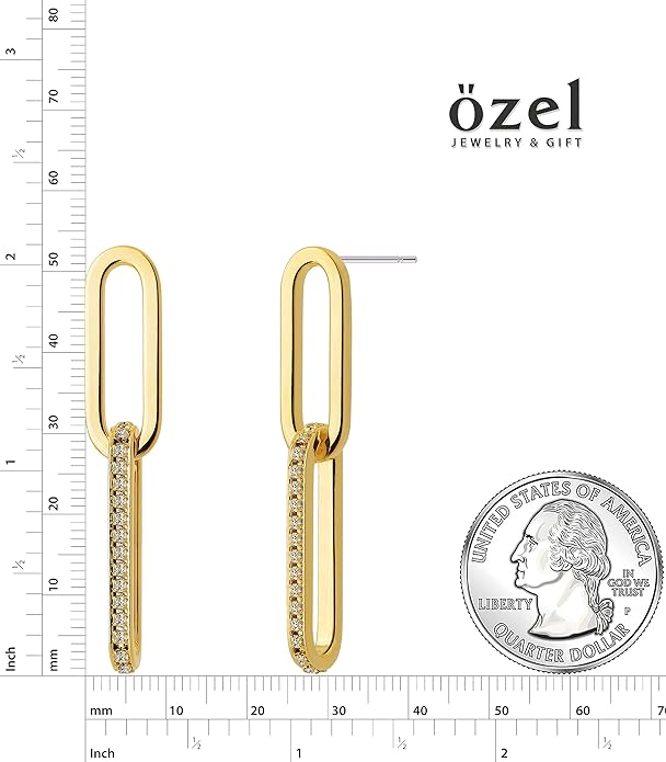 OZEL 14K Gold & Silver Plated Paperclip Chain Earrings with Cubic Zirconia – Dangle, Hoop, Huggie, Stud Styles – Women’s Fashion Jewelry Gift