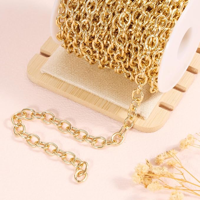 BORUINIE 33 Feet Gold Rolo Chains Aluminum Oval Link Chain Roll Bulk for DIY Jewelry Making