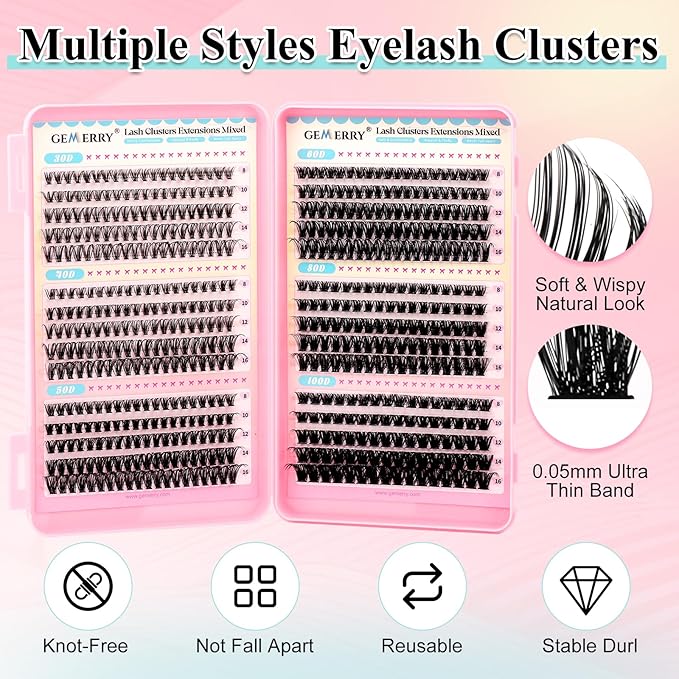 GEMERRY Lash Clusters Kit 565Pcs Eyelash Extensions Kit Individual Lashes D Curl Fluffy Wispy False Eyelashes with Lash Bond and Seal and Tweezers(30D+40D+50D+60D+80D+100D, 8-16mm)