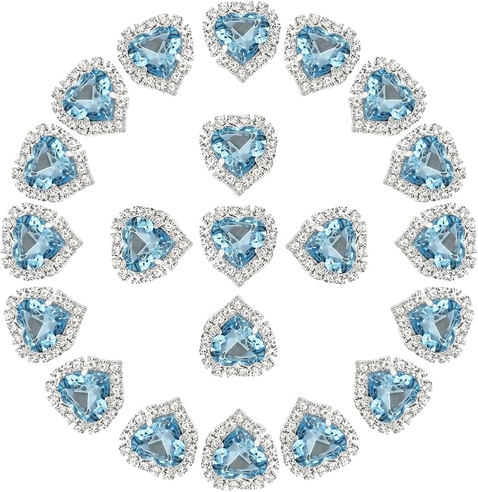 PATIKIL 30PCS Heart Rhinestones, Sew on Rhinestones Buttons Crystal Heart Nail Charm Embellishment Flatback Diamond for Sewing DIY Clothing Wedding, Light Blue