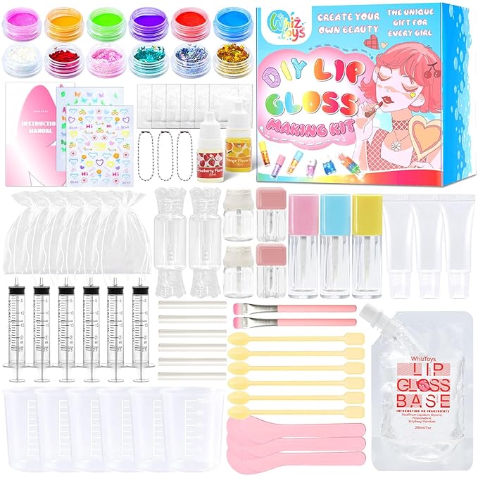 WhizToys 74PCS DIY Lip Gloss Making Kit，Make Your Own Lip Glosses Set Moisturizing Lip Glaze Handmade Glittery Set for Makeup Lover Beginner Teen Girl Gifts，200ml Lipgloss Base
