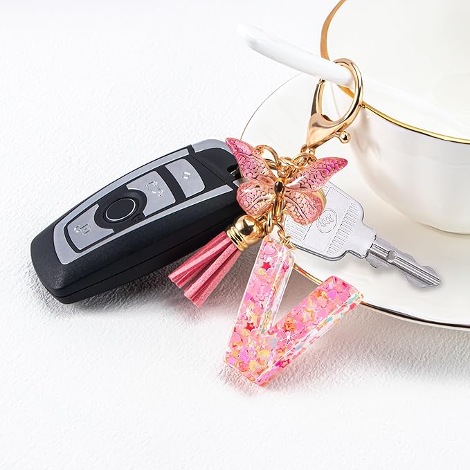 Initial letter Keychains for Women Girls Tassel Butterfly Cute Keychain for Wallet Backpack charm
