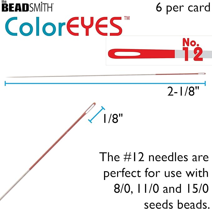 The Beadsmith ColorEYES Beading Needles, Size 12, 1 Card (6 Needles), Red Colored Tip for Easy Identification of Size, Use for Loom Weaving Bead Work, Off-Loom Stitch and Jewelry Making w/Seed Beads