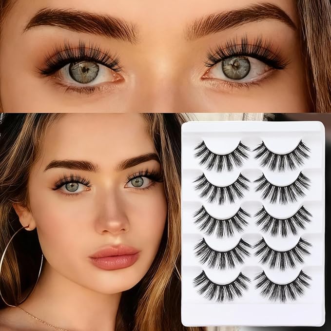 Veleasha Lashes 5D Faux Mink Lashes 100% Handmade Wispy Lashes Charming Luxurious Fake Eyelashes Lightweight Fluffy False Eyelashes 5 Pairs Pack (5D04)