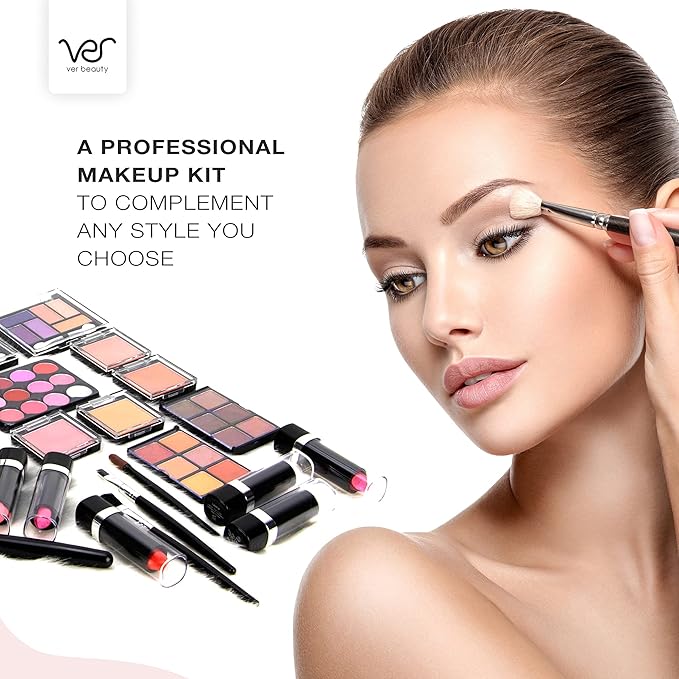 VER Beauty 61 pcs All-In-One Makeup Kit For Woman, Girls & Teens, Full Kit, Makeup Gift Set Eyeshadow Lipstick Lip Gloss Multi-Color Lip Balm Rouge Nail Enamel Mascara Tweezer Scissor Filer (Pink)