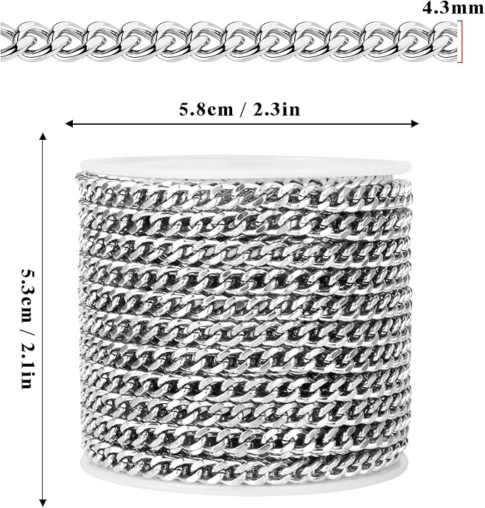 33FT Stainless Steel Cuban Chain Roll 4.3MM Diamond-Cut Curb Link Chains Spool Bulk for Jewelry Making