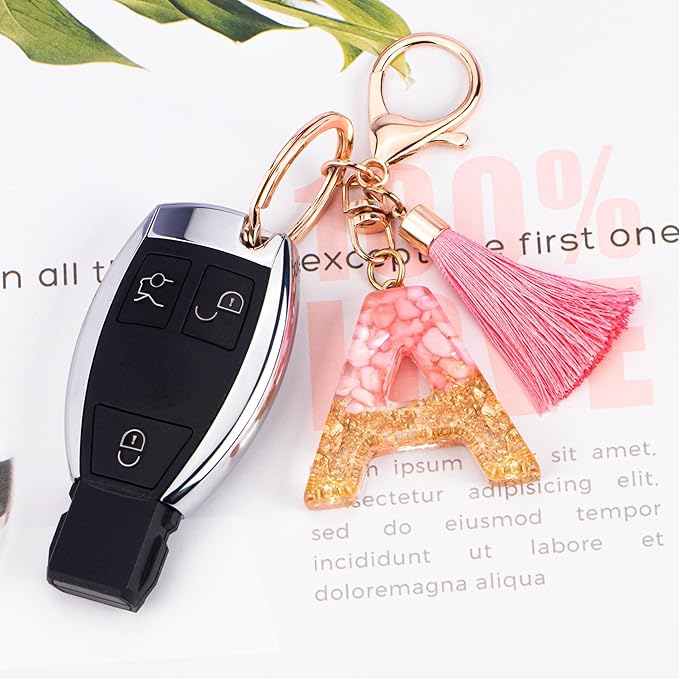 Suweibuke Cute Pink Key Chains for Women Girls, Initial Letter Keychains with Tassel, Charms for Key Purse Handbags Backpacks