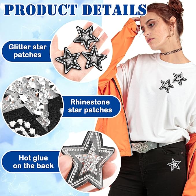 10Pcs Iron on Star Patches - Rhinestone Black Glitter Stars for Hats, Clothes, Backpacks, Costume