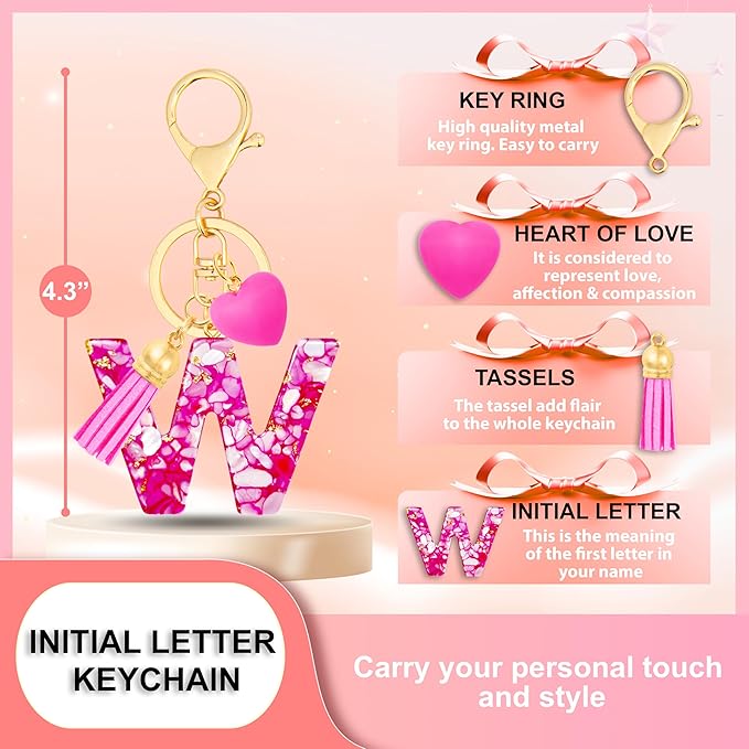 Initial Keychains for Women with Cute Heart Resin - Alphabet Letter Keychain for Bag, Backpacks, Purse or Car key