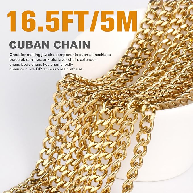 16.5FT Gold Stainless Steel Cuban Chain Roll 6MM 18K Gold PVD Plated Diamond-Cut Curb Link Chains Spool Bulk for Jewelry Making
