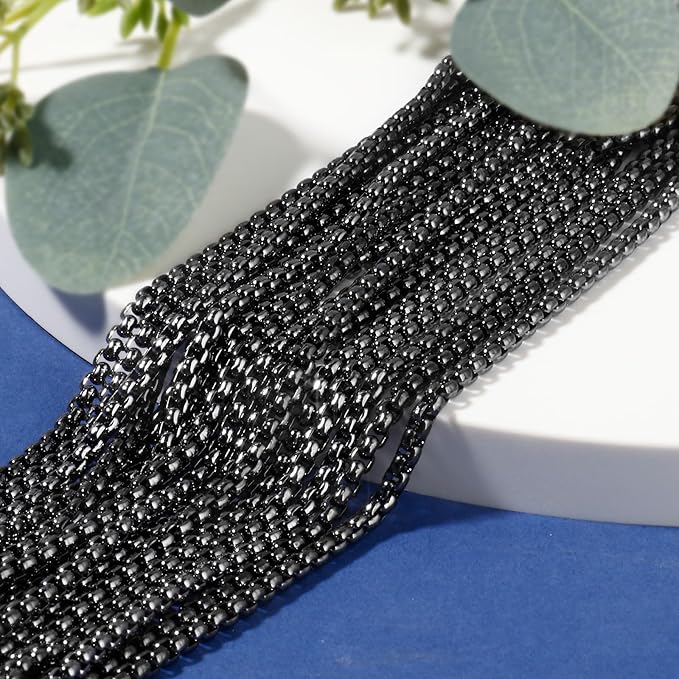 [33FT] Gunmetal Stainless Steel Rolo Box Chains for Jewelry Making, 2.5mm Wide 304 Stainless Steel Rolo Link Chain Roll Bulk for DIY Jewelry Making Craft