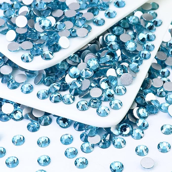 288PCS SS30 Crystal Glass Flatback Rhinestones, Round Flat Back Crystal Gems for Nail Art and Craft Clothes, Glue Fix Diamond Stones Aquamarine/Lake Blue (6.4-6.6mm)