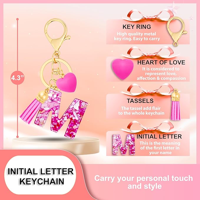 Initial Keychains for Women with Cute Heart Resin - Alphabet Letter Keychain for Bag, Backpacks, Purse or Car key