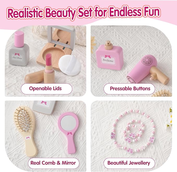 Wooden Makeup Toy Set for Toddler,Kids Pretend Play,Children Role Play Toys,Fake Cosmetics Salon Toys,Princess Dressup Accessories with Bag Birthday Gift for Girls 3 4 5 6
