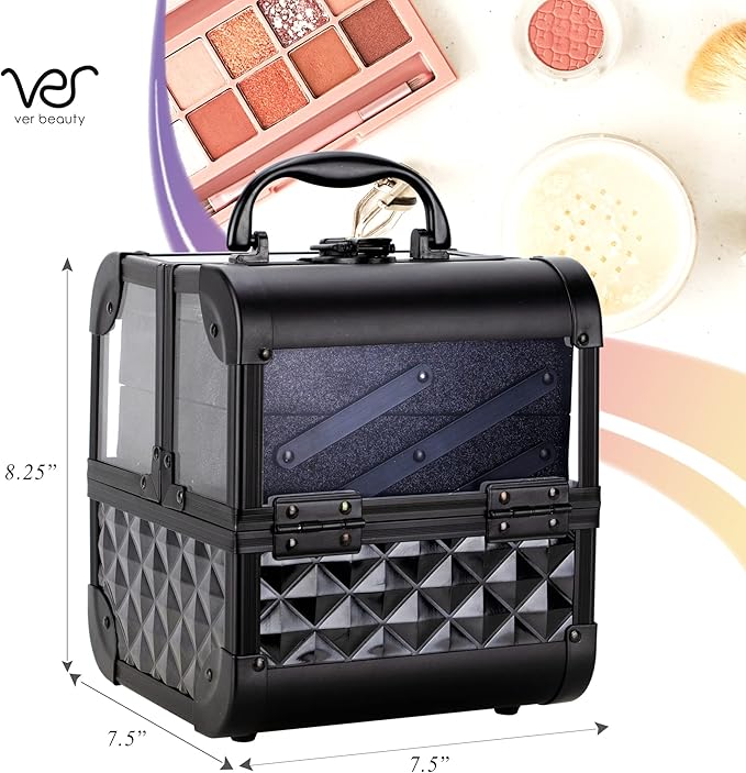Ver Beauty Makeup Box Cosmetic Train Case with Clear Armored Acrylic Jewelry Organizer with 2 Tiers Trays and Mirror Lockable Portable Travel Cosmetic Display Aluminum Case (Black Diamond)