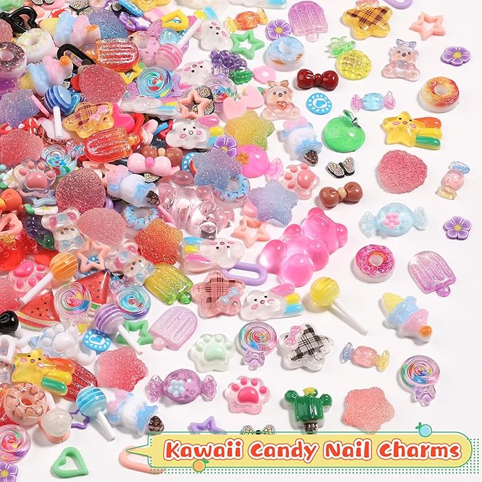 400PCS Kawaii Nail Art Kit with 100 Soft Clay Slices 300 3D Resin Candy Fruit Donut Star Charms for Acrylic Nails Supplies with Tweezers for DIY Crafts Slime and Shoe Decor