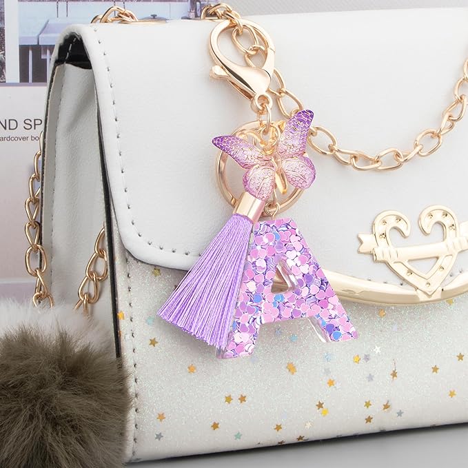 Initial letter Keychains for Women Girls Tassel Butterfly Cute Keychain for Wallet Backpack charm
