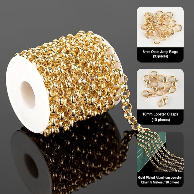 UMAOKANG 16.4 Feet Gold Plated Chains for Jewelry Making Lightweight Aluminum Circle Chain Necklace DIY Jewelry Making Supplies Findings