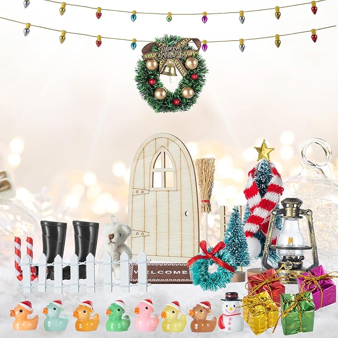 61Pcs Doll House Christmas Hat Decoration Miniature Dollhouse Accessories String Fake Light Door Mini Xmas Tree 1:12 Model Pretend Toys DIY Festival Party Wreath Snowman Fairy Cane Candy Garden
