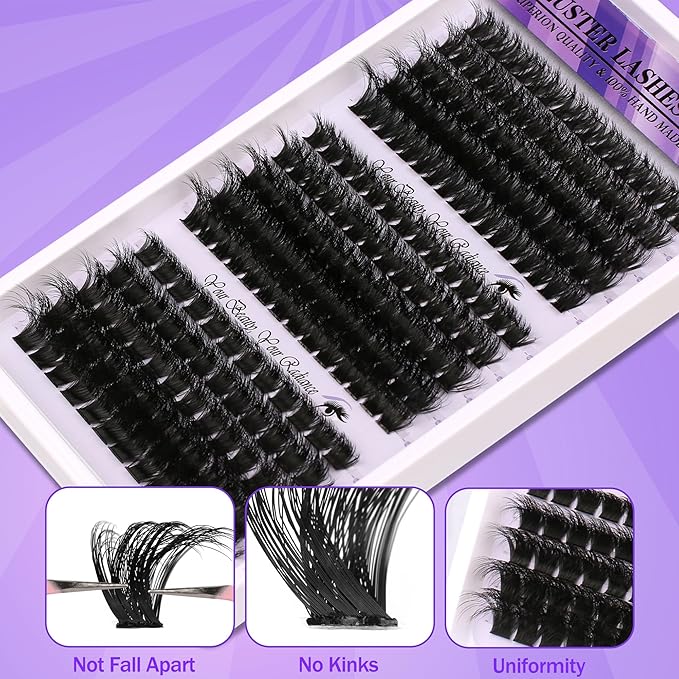 Lash Clusters 3 Densities (100D/150D/200D) Mixed Length 10-18mm DIY Eyelash Extensions Kit 210 Clusters Handmade Soft Lashes with Glue Sealant Remover & Tweezers Sensitive Eye Friendly for Daily