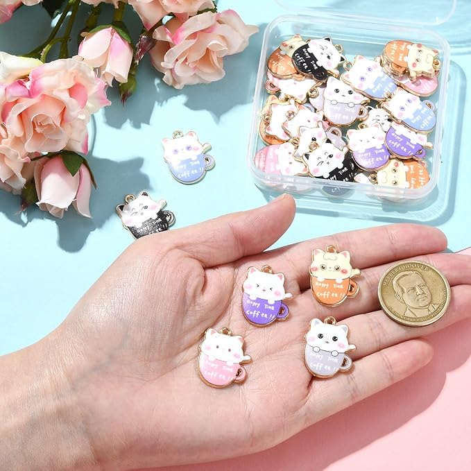 Stiesy 30 Pcs 6 Color Cat Charms for Jewelry Making Cute Kitten Animal with Coffee Cup Enamel Charm Pendants for Crafting DIY Necklace Bracelet Earring Presents
