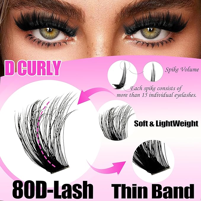 80D Volume Lash Clusters Kit with Long 14-16mm Lashes Spikes+Bottom Clusters Eyelash Extension Kit 280Pcs D-curly Wispy Individual Lash Extensions Kit DIY Spiky Lash Bond and Seal by YIDUO