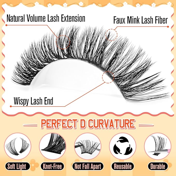 calphdiar Lash Clusters Wispy Eyelash Clusters 480PCS 40D+50D Individual Lashes Clusters D-curly Cluster Eyelash Extensions 8-18mm DIY Natural Volume Lash Extension for Beginners