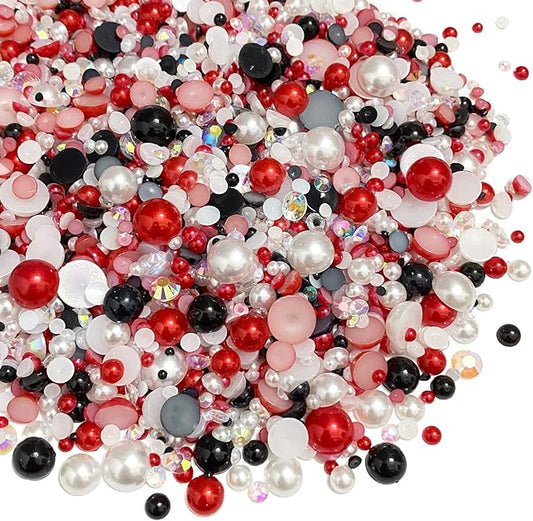 100g Mix Resin Rhinestones Flatback Half Round Pearls Mixed Size 3mm-10mm AB Color Half Pearls Resin Rhinestones for DIY Craft Nail Art Shoes Clothes Phone Case (Red White Black Series)
