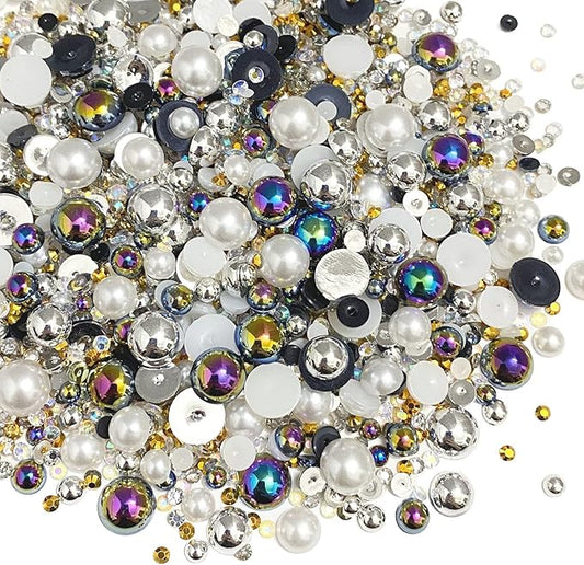 100g Mix Resin Rhinestones Flatback Half Round Pearls Mixed Size 3mm-10mm AB Color Half Pearls Resin Rhinestones for DIY Craft Nail Art Shoes Clothes Phone Case (Silver Series)