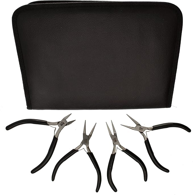The Beadsmith Slim Line Pliers Set – Extra Fine Tips – 4.5 Inches, 4-Pieces: Round Nose, Chain Nose, Flat Nose & Semi-flush Side Cutter – Leatherette Carrying Case Included – Tools for Jewelry Making