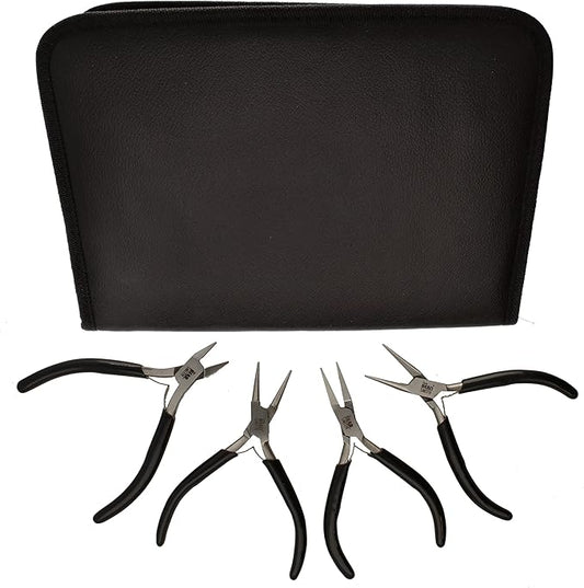 The Beadsmith Slim Line Pliers Set – Extra Fine Tips – 4.5 Inches, 4-Pieces: Round Nose, Chain Nose, Flat Nose & Semi-flush Side Cutter – Leatherette Carrying Case Included – Tools for Jewelry Making
