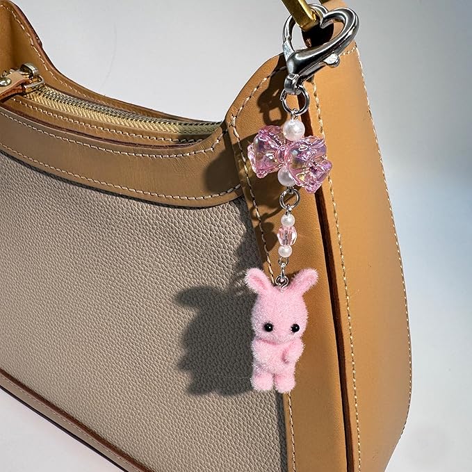 Cute Fuzzy rabbit Keychain for Women - Y2K Plush Bow Bag Charm Decor, Kawaii Kitty Pendant Gift for her
