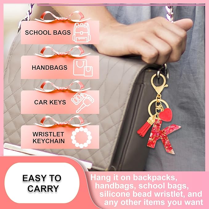 Initial Keychains for Women with Cute Heart Resin - Alphabet Letter Keychain for Bag, Backpacks, Purse or Car key