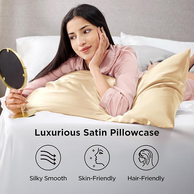 Bedsure Satin Pillowcase for Hair and Skin Queen - Champagne Gold Silky Pillowcase 2 Pack with Envelope Closure, Similar to Silk Pillow Cases, Gifts for Women Men, 20x30 Inches, 2pcs