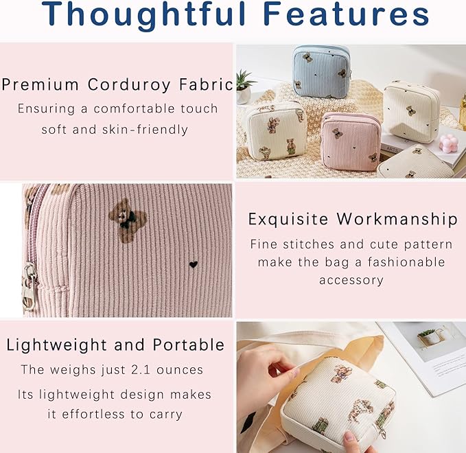 uekeboag Cute Small Corduroy Zipper Makeup Bag, Mini Coquette Aesthetic Pouch with Bear Pattern for for Purse,Key Pocket Lipstick Bag Card Holder Data Cable Organizer for Women Girls(01Pink Bear)