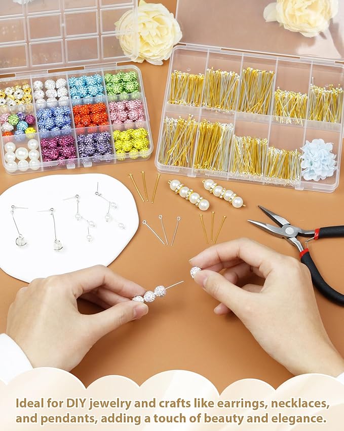 FIVEIZERO 900 PCS Eye Pins and Flat Head Pins for Jewelry Making, Metal Eyepins, Headpins & Ball Head Pins for DIY Earrings, Necklaces, Bracelets, Pendants, 1.2", 1.6", 2", Gold