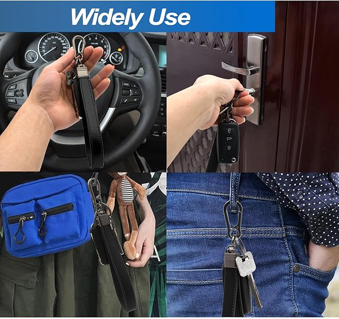 Car Fob Key Chain Genuine Leather Wristlet Strap Keychains Holder for Men and Women, 360 Degree Rotatable, with Anti-lost D-Ring, Carabiner Clip and 4pcs Key Rings, Dark and Black