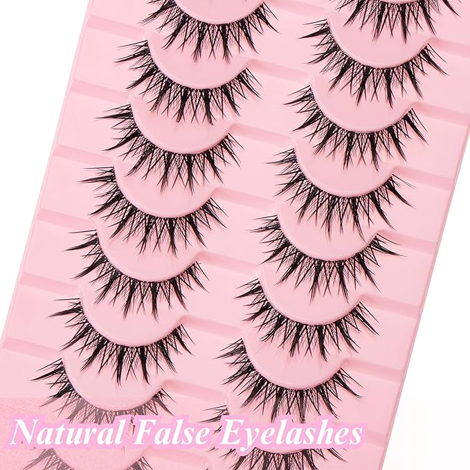 outopen 10 Pairs Manga Lashes Natural Look False Eyelashes Wispy Spiky Anime Lashes Korean Japanese Asian Style Cosplay Fake Eyelashes with Clear Band