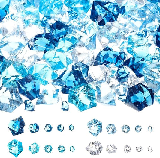 Syhood 570 Pcs 5 Sizes Mixed Blue Fake Crushed Ice Rocks Blue Aquarium Rocks Plastic Gemstone Diamond Acrylic Crystal Gems for DIY Craft Winter Table Scatter Vase Fillers Fish Tank Decor Centerpieces