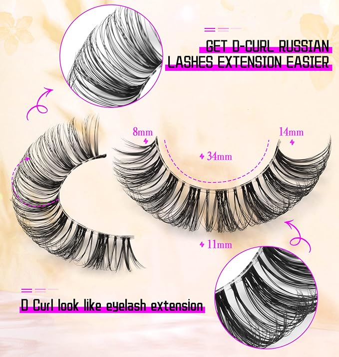 Russian Strip Lashes D Curl zanlufly Fluffy Wispy Clear Band False Eyelashes Cat Eye 6D Lashes Pack