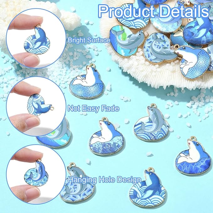 Stiesy 24 Pcs 12 Styles Blue Printed Dolphin Charms Pendants Sea Animal Enamel Alloy Metal Charms for Jewelry Crafts Necklace Bracelets Earring Making DIY Presents