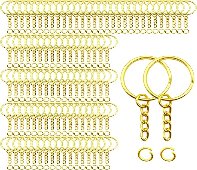 100Sets 1 inch Keychain Rings Golden Split Round Key Ring with Chain and Open Jump Rings for DIY Keychain Making Crafts