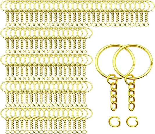 100Sets 1 inch Keychain Rings Golden Split Round Key Ring with Chain and Open Jump Rings for DIY Keychain Making Crafts