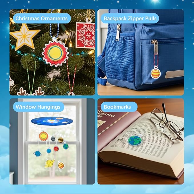Auihiay 33Pcs Shrink Plastic Sheets Kit, 18 Pre-Cut Solar System Charms, 2 Blank Shrink Papers, 12 Color Markers, Planet-Themed KT Board for Window Hanging Decor