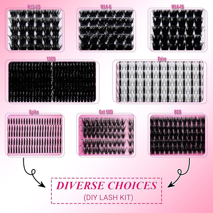 Lash Clusters Kit Eyelash Clusters Kit 3D Effect Cluster Eyelash Extensions Large Pack Spike Lash Extension Pestañas Postizas Naturales+Lash Bond&Seal,Remover,Tweezers,headband,wristband(Lash Kit-6)